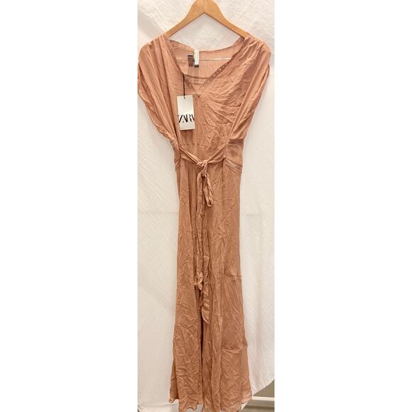 ZARA 2025 Collection | NEW Tan Lace Slip Midi Dress Medium Dainty Coquette Fem - Picture 8 of 12